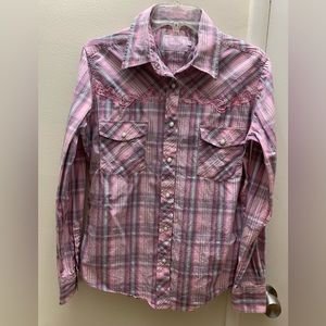Pink Cotton Plaid Snap Shirt.